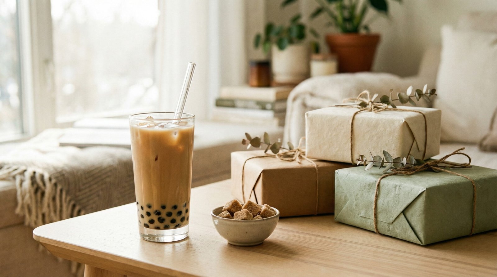 Rustic-style photograph of a classic milk tea with boba pearls, a bowl of raw sugar cubes, and neutrally wrapped gifts on a sunlit wooden table.