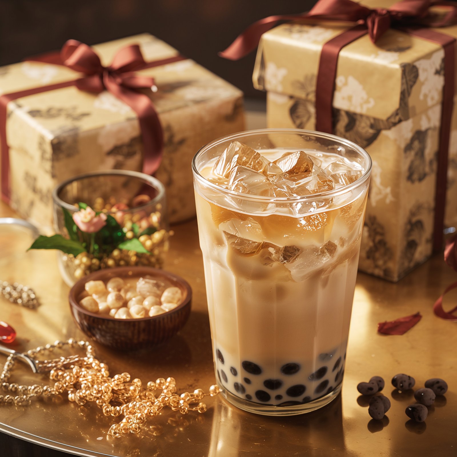Bubble tea drink styled with wrapped gift boxes on a warm festive tabletop