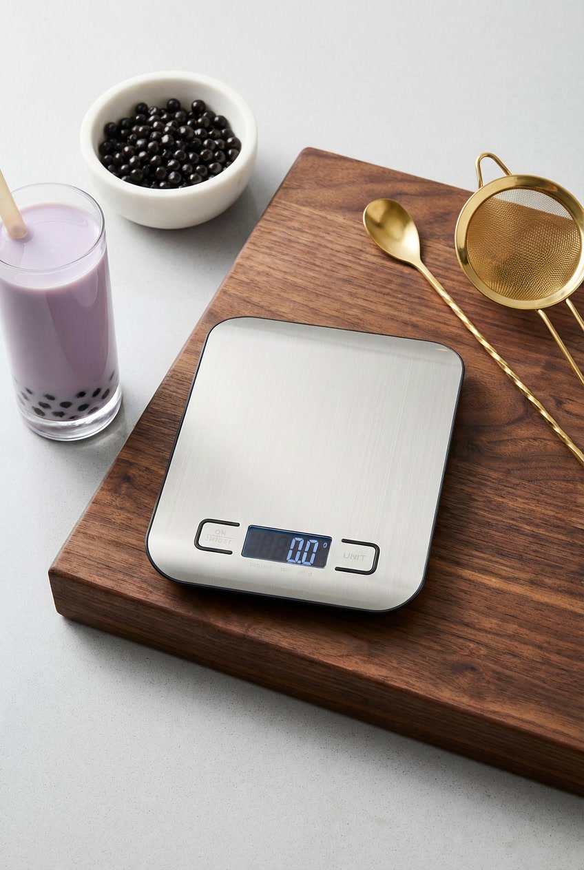Flatlay of boba equipment including a digital scale and gold spoon on a cream counter with wood accents.