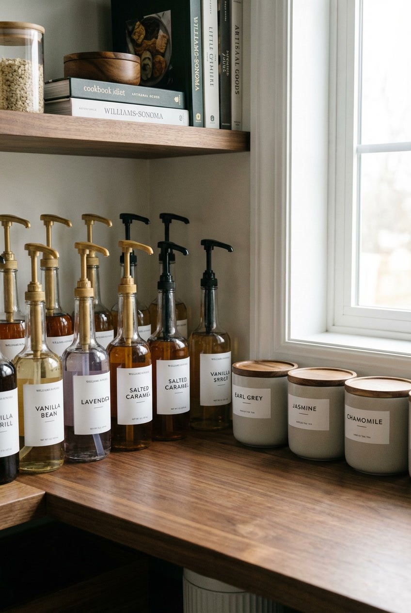 Organized lineup of syrup bottles with pumps and matching tea tins on a kitchen shelf.