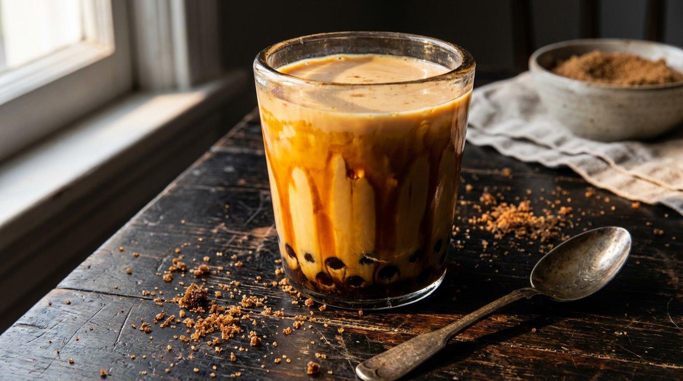 Messy glass of brown sugar milk tea with thick tiger stripes and ice on a dark wooden table.