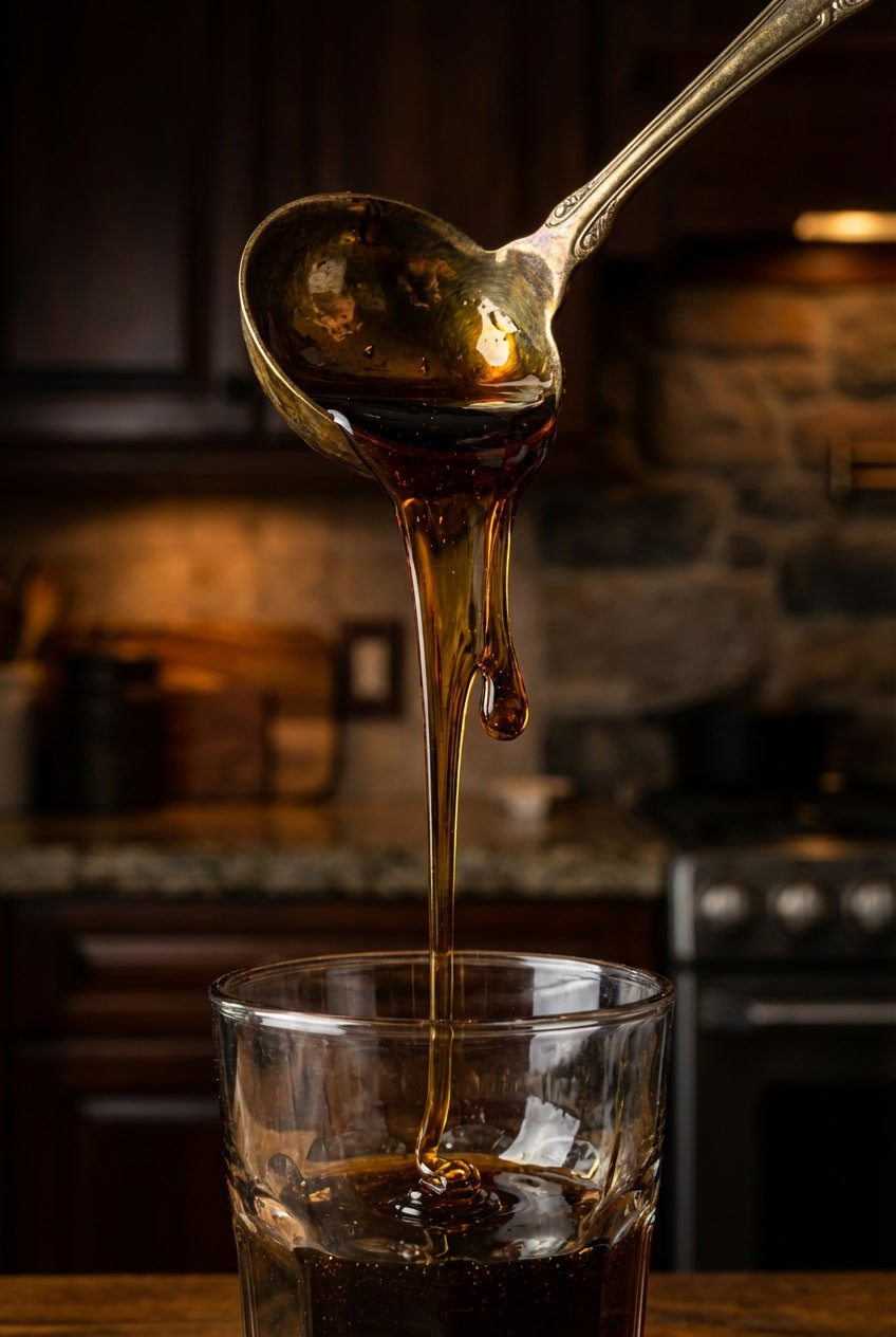 Thick dark brown sugar syrup dripping slowly from a vintage brass ladle.