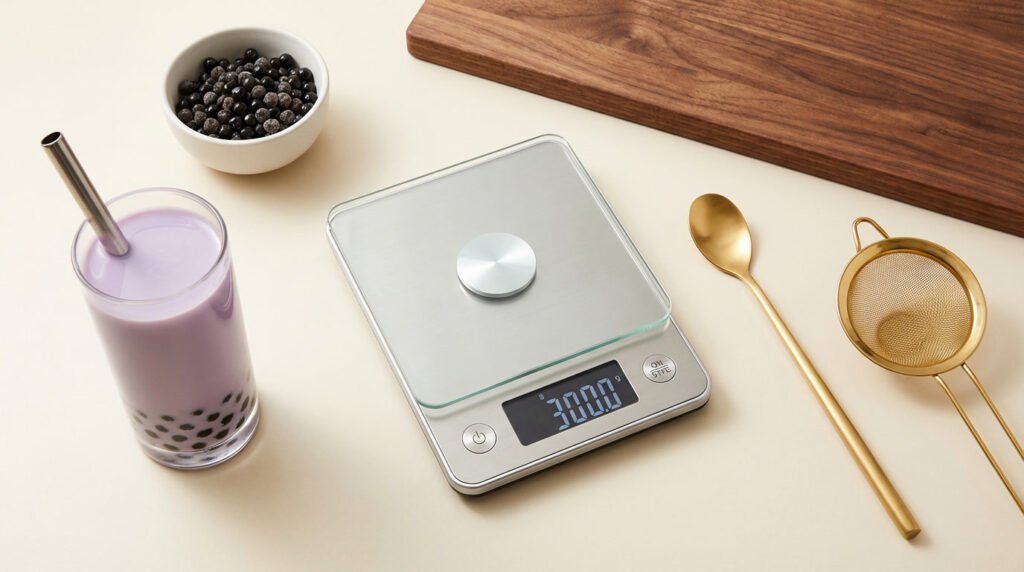 Flatlay of essential bubble tea equipment including a silver cocktail shaker and gold strainer on a cream counter with walnut accents.