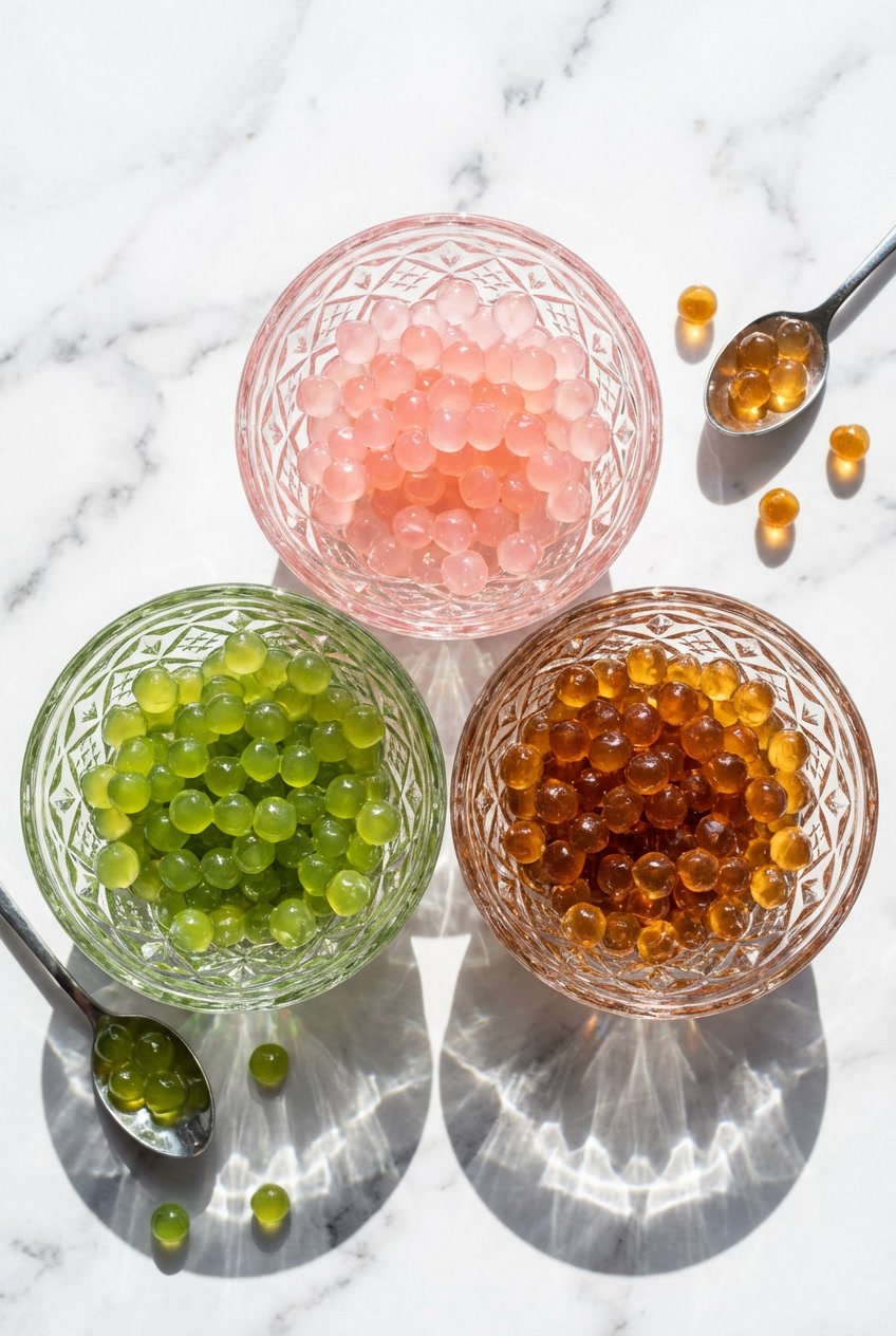 Trio of glass bowls containing pink, green, and amber crystal boba pearls on white marble.