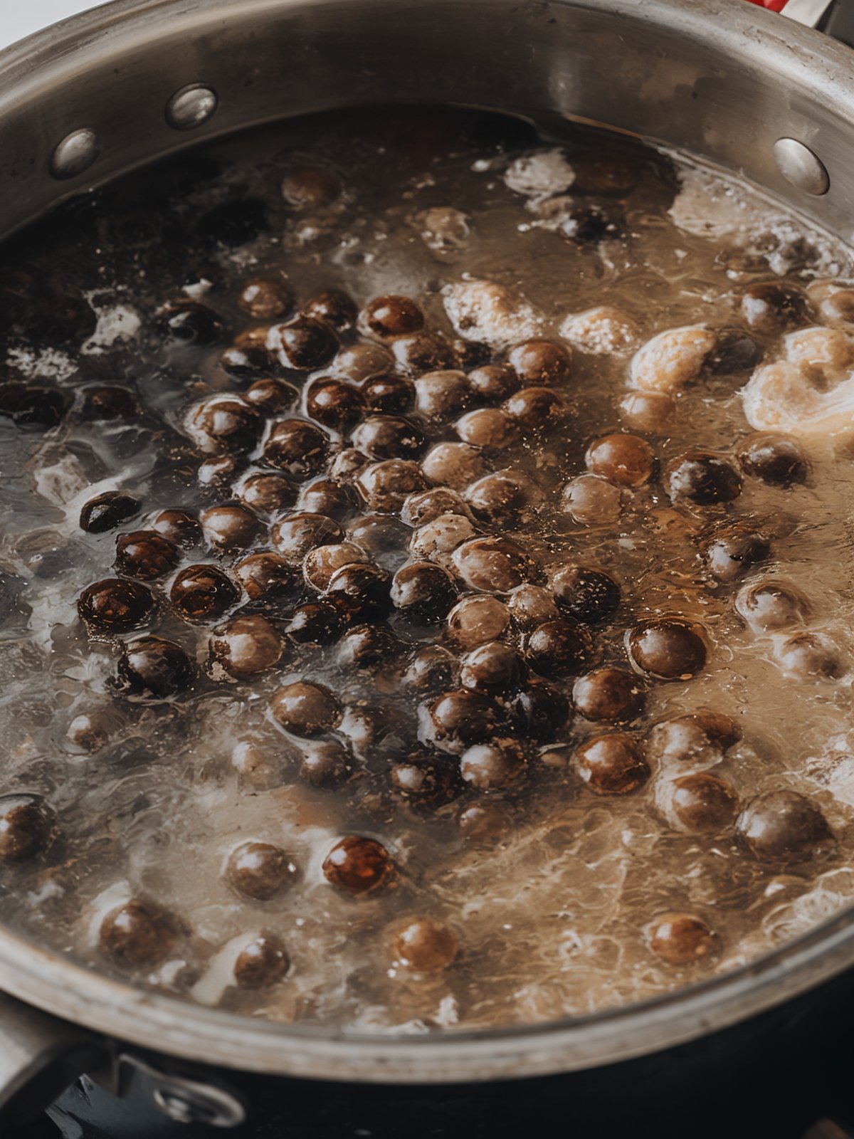 Close-up of tapioca pearls cooking in a saucepan on marble counter.