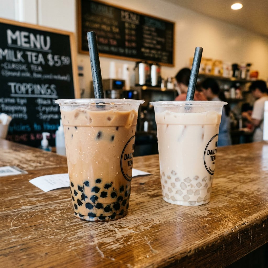 Two bubble tea drinks on a cafe counter showing black tapioca pearls and crystal boba pearls