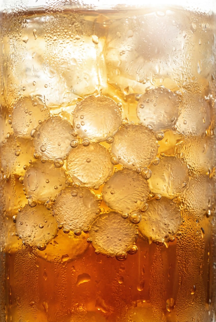 Extreme close-up of crystal boba mixing with ice and fruit tea, backlit by sun.