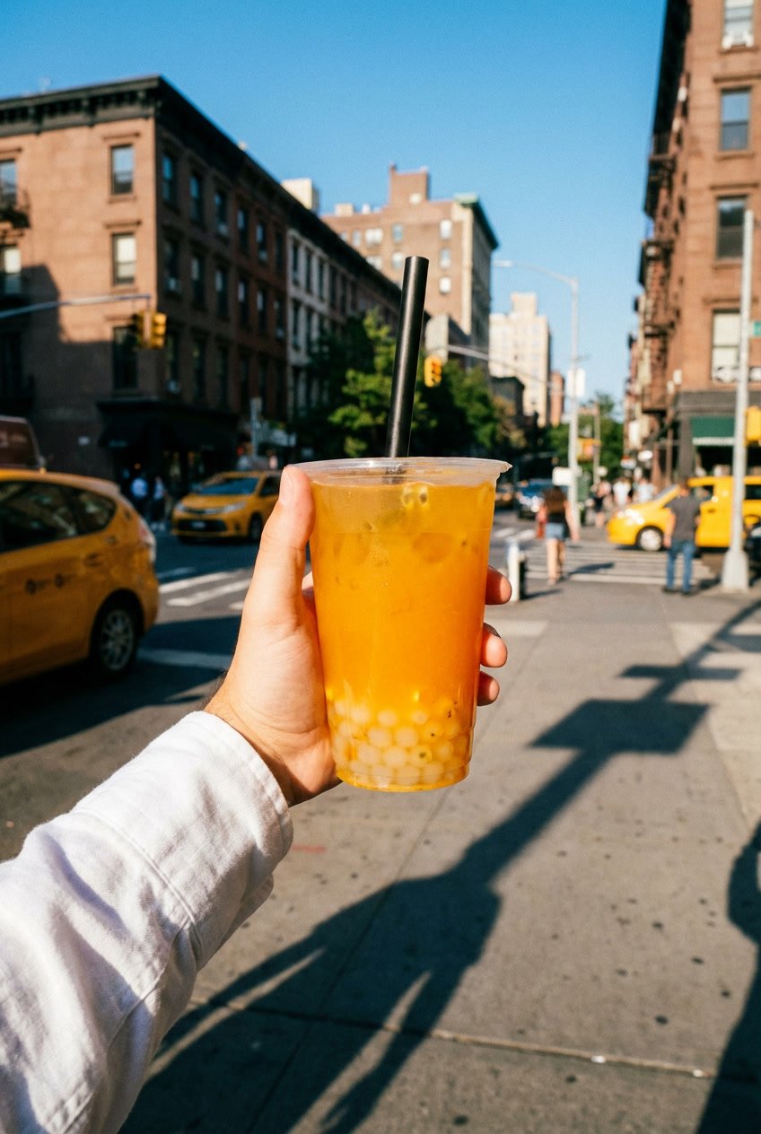 Hand holding a passion fruit green tea with crystal boba on a bright, sunny NYC street.