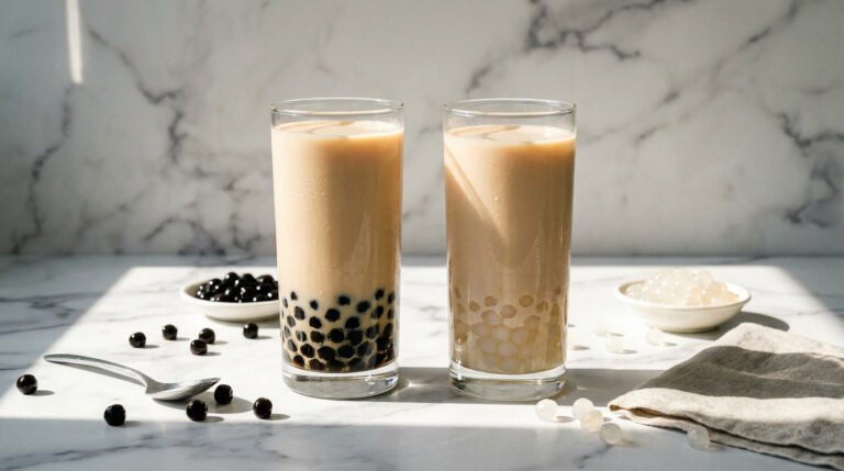 Side-by-side comparison of crystal boba vs. tapioca in tall milk tea glasses on white marble, highlighting the visual difference.