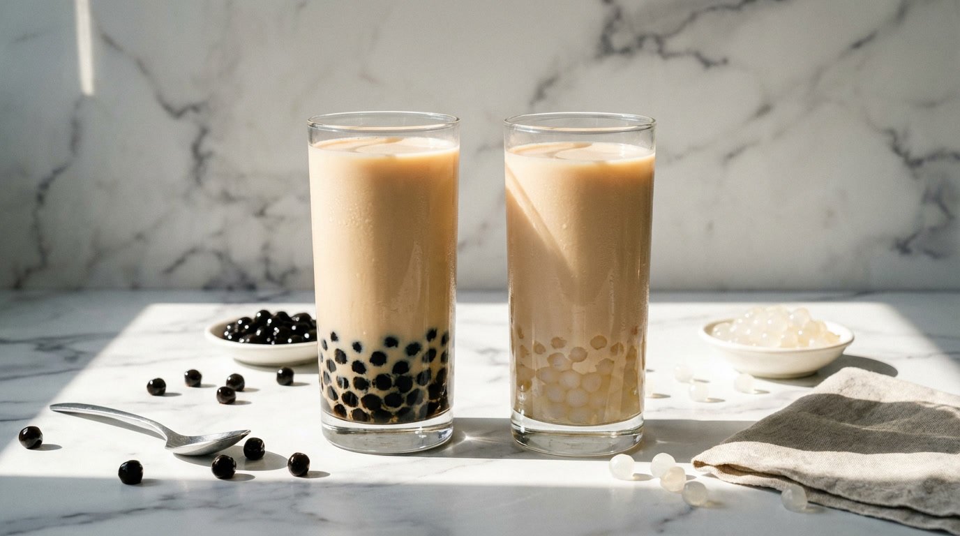 Side-by-side comparison of crystal boba vs. tapioca in tall milk tea glasses on white marble, highlighting the visual difference.