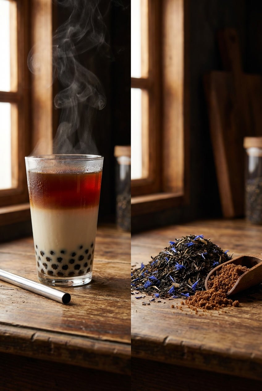 Side-by-side view comparing the raw, dry Earl Grey tea leaves with the finished, assembled glass of cold Earl Grey Boba.
