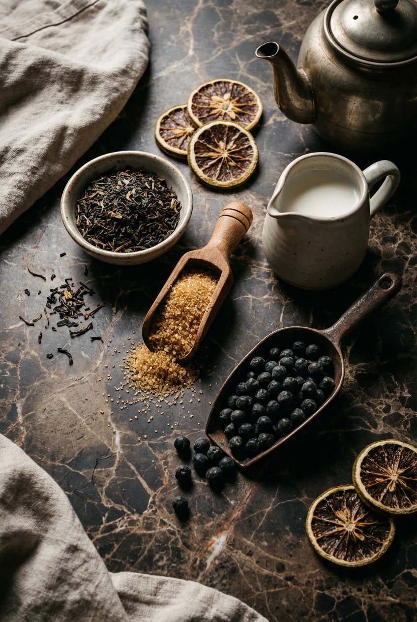 Flatlay of organized ingredients for Earl Grey Boba: loose leaf Earl Grey tea in a small bowl, brown sugar, a scoop of dry tapioca pearls, milk jug, on a moody, dark marble surface, rustic aesthetic, rich texture, dramatic natural light.