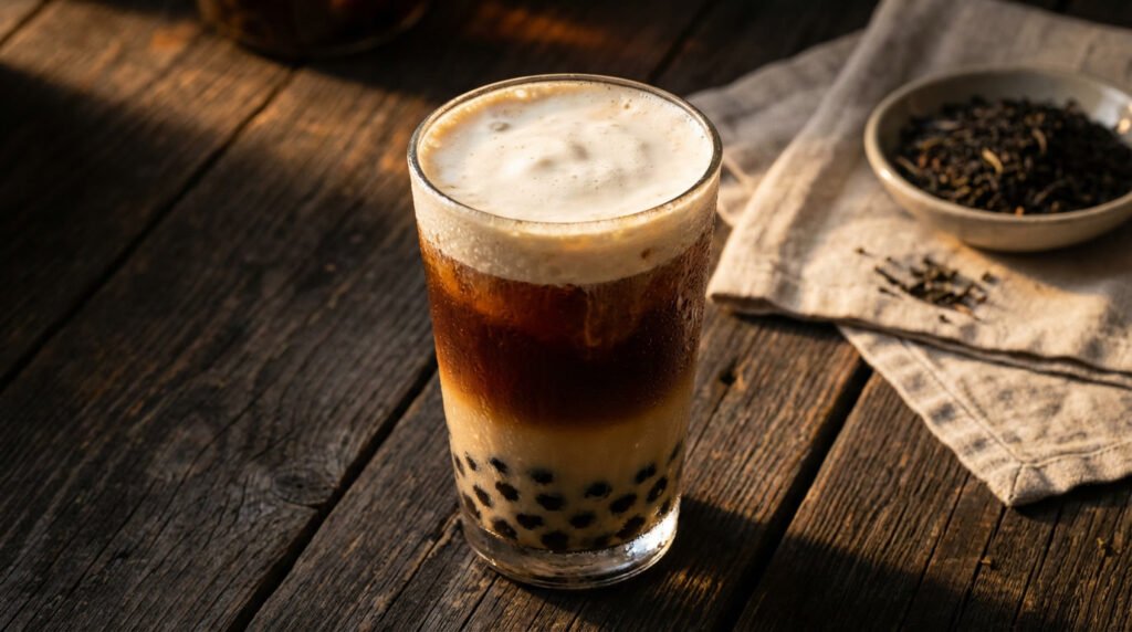 Dramatic overhead shot of layered Earl Grey Milk Tea Boba in a glass, featuring warm golden light and rich, moody shadow.