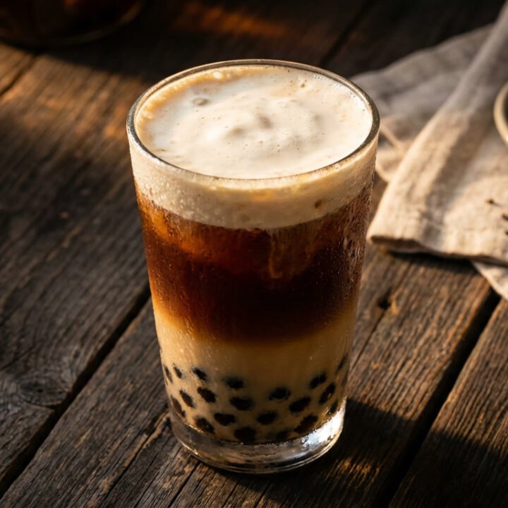 Dramatic overhead shot of layered Earl Grey Milk Tea Boba in a glass, featuring warm golden light and rich, moody shadow.