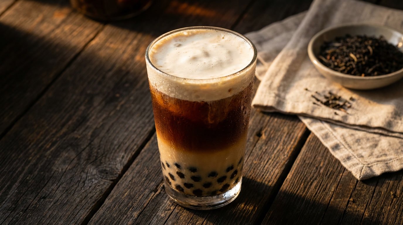 Dramatic overhead shot of layered Earl Grey Milk Tea Boba in a glass, featuring warm golden light and rich, moody shadow.