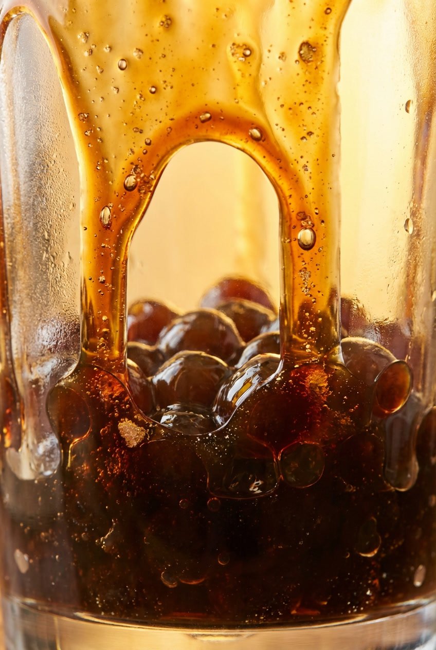 Macro close-up shot of brown sugar syrup slowly dripping down the inside of the glass onto chewy boba pearls, emphasizing rich texture and detail.