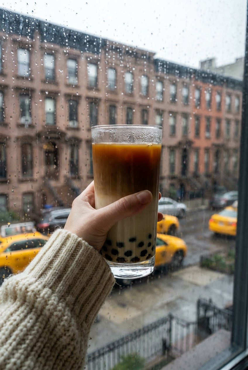 A hand holding a glass of Earl Grey Boba on a cold, slightly rainy day in a blurred New York City brownstone street scene, showing the lifestyle vibe.