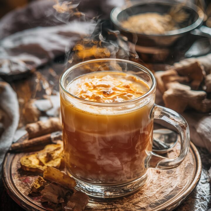 Steaming ginger milk tea with brown sugar swirls in a glass mug on a rustic wooden tray.