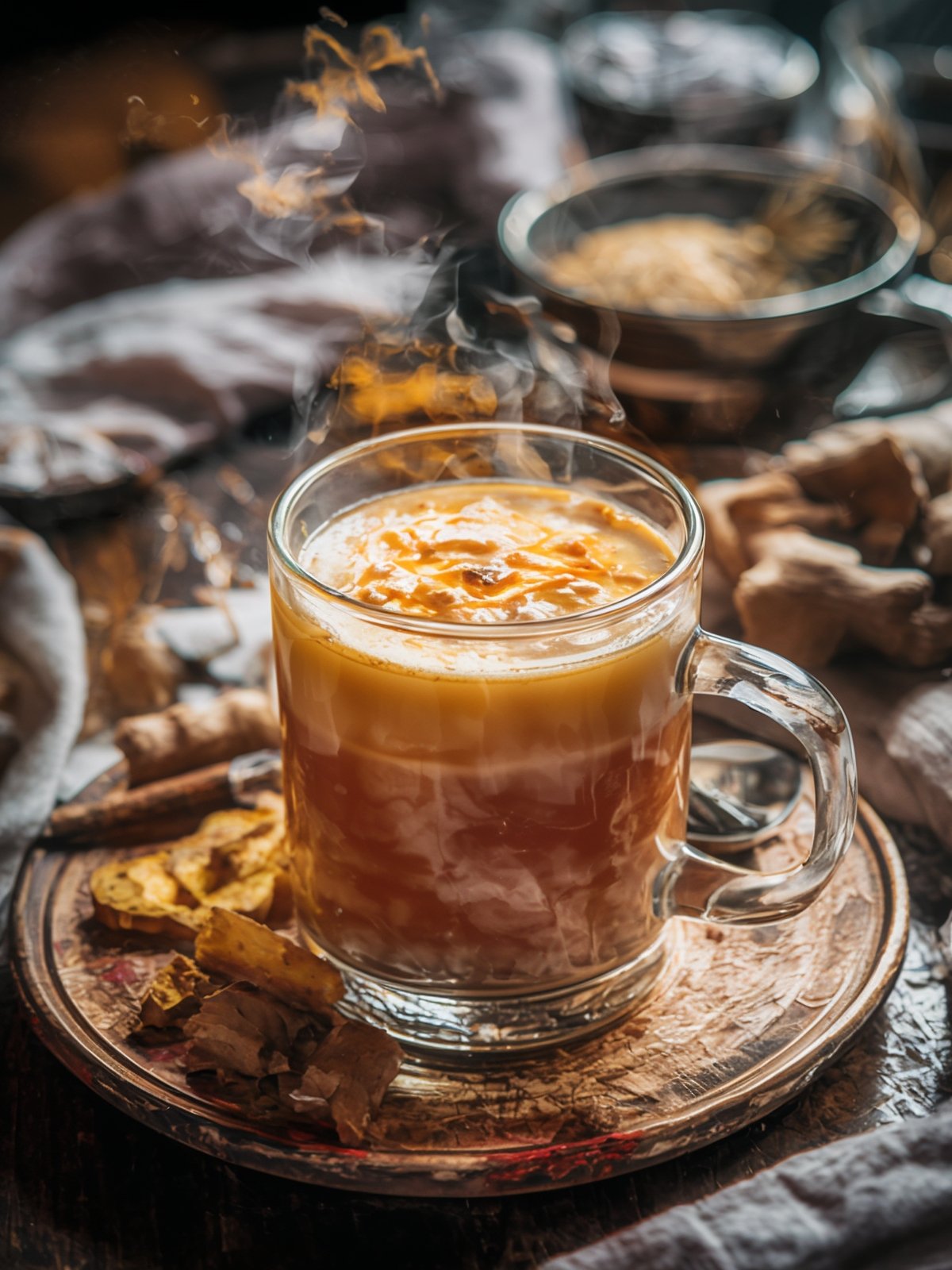 Steaming ginger milk tea with brown sugar swirls in a glass mug on a rustic wooden tray.