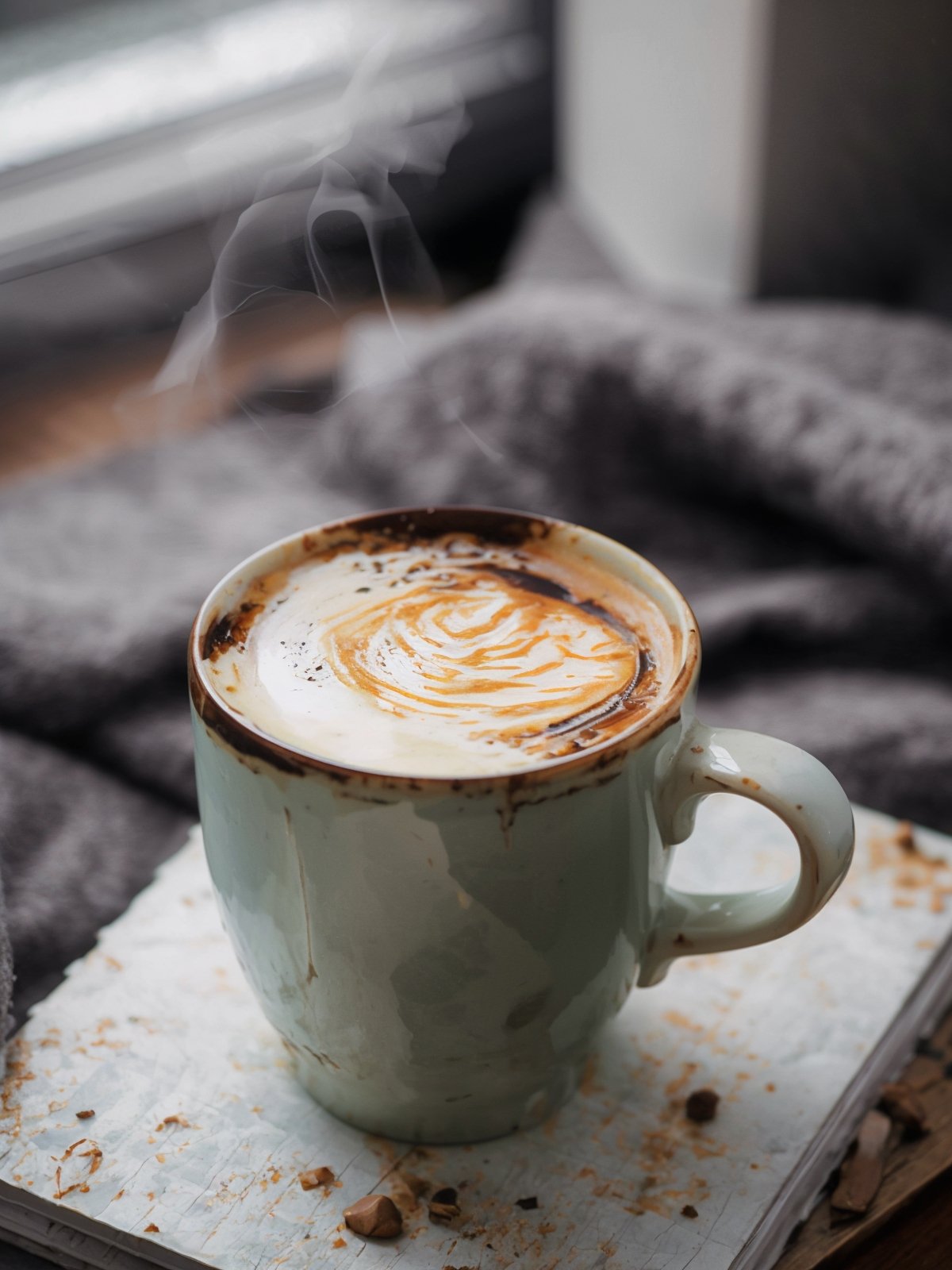Close-up of a steaming mug of creamy ginger milk tea with a swirl on top by a window and a gray blanket.