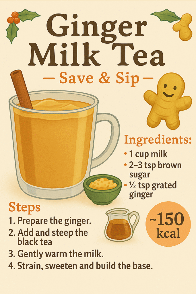 “Illustrated Ginger Milk Tea recipe card with ingredients, steps, and 150 calories – Save & Sip by The Boba Club.”