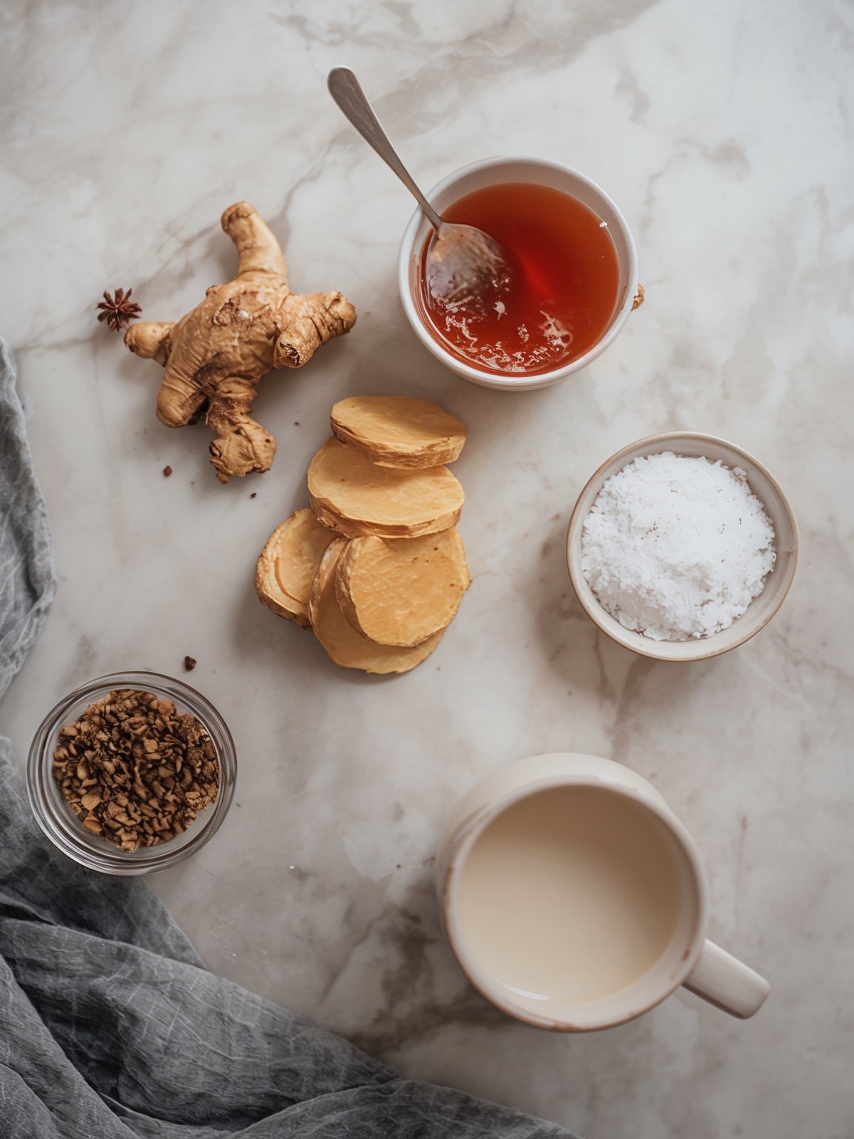 Top-down view of fresh ginger, black tea granules, honey, sugar and milk arranged on a marble surface for ginger milk tea.