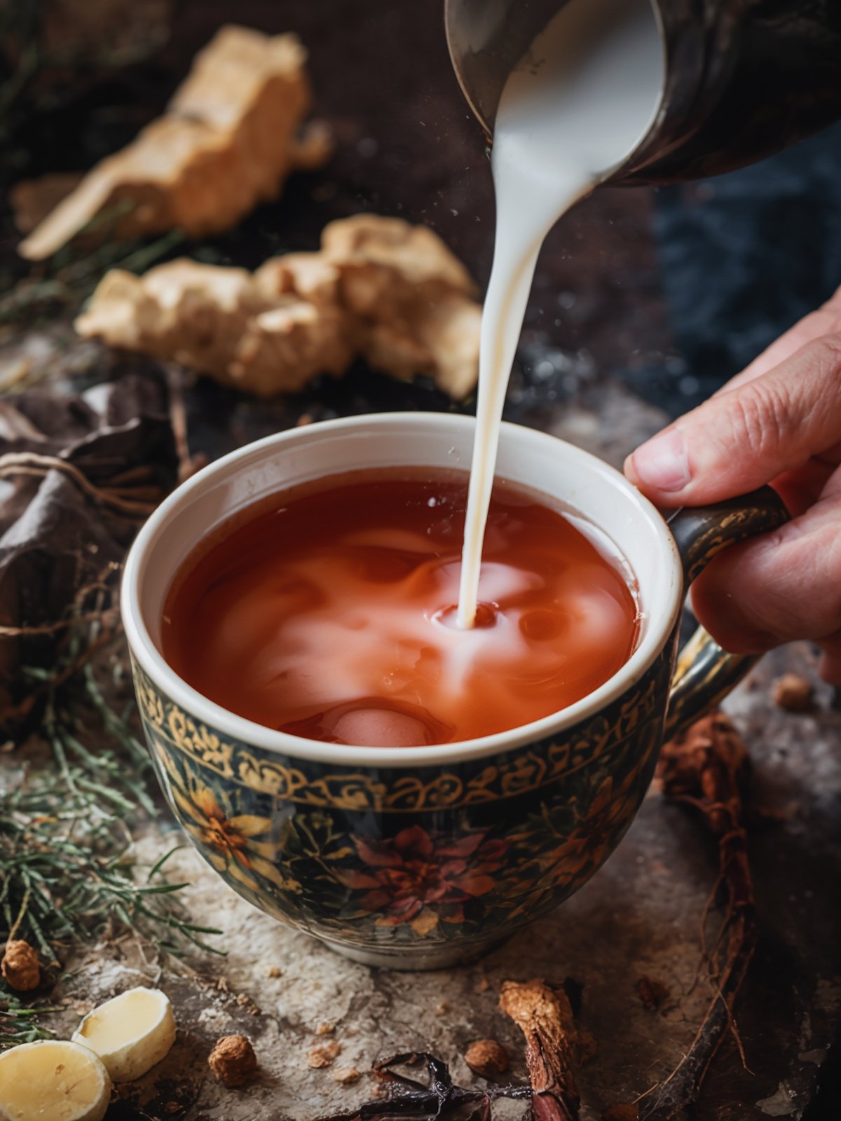 Milk being poured into a mug of strong ginger black tea to make creamy ginger milk tea.
