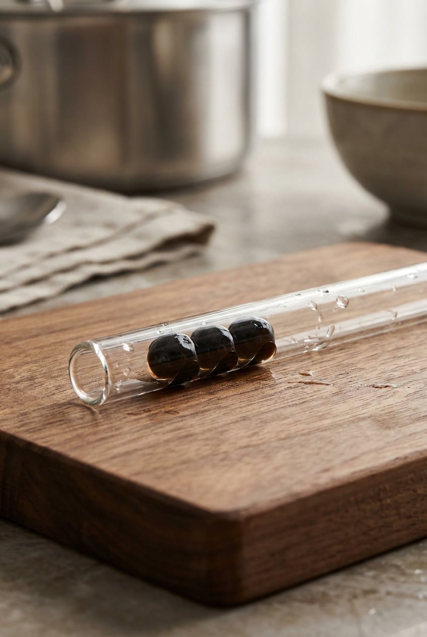 Close-up of a wide glass boba straw filled with shiny black tapioca pearls to show the size.