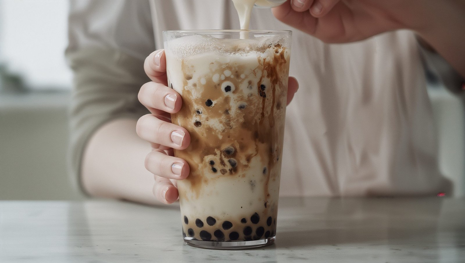 Homemade milk tea bubble tea in a clear glass on a kitchen counter with boba pearls at the bottom and a wide straw beside it