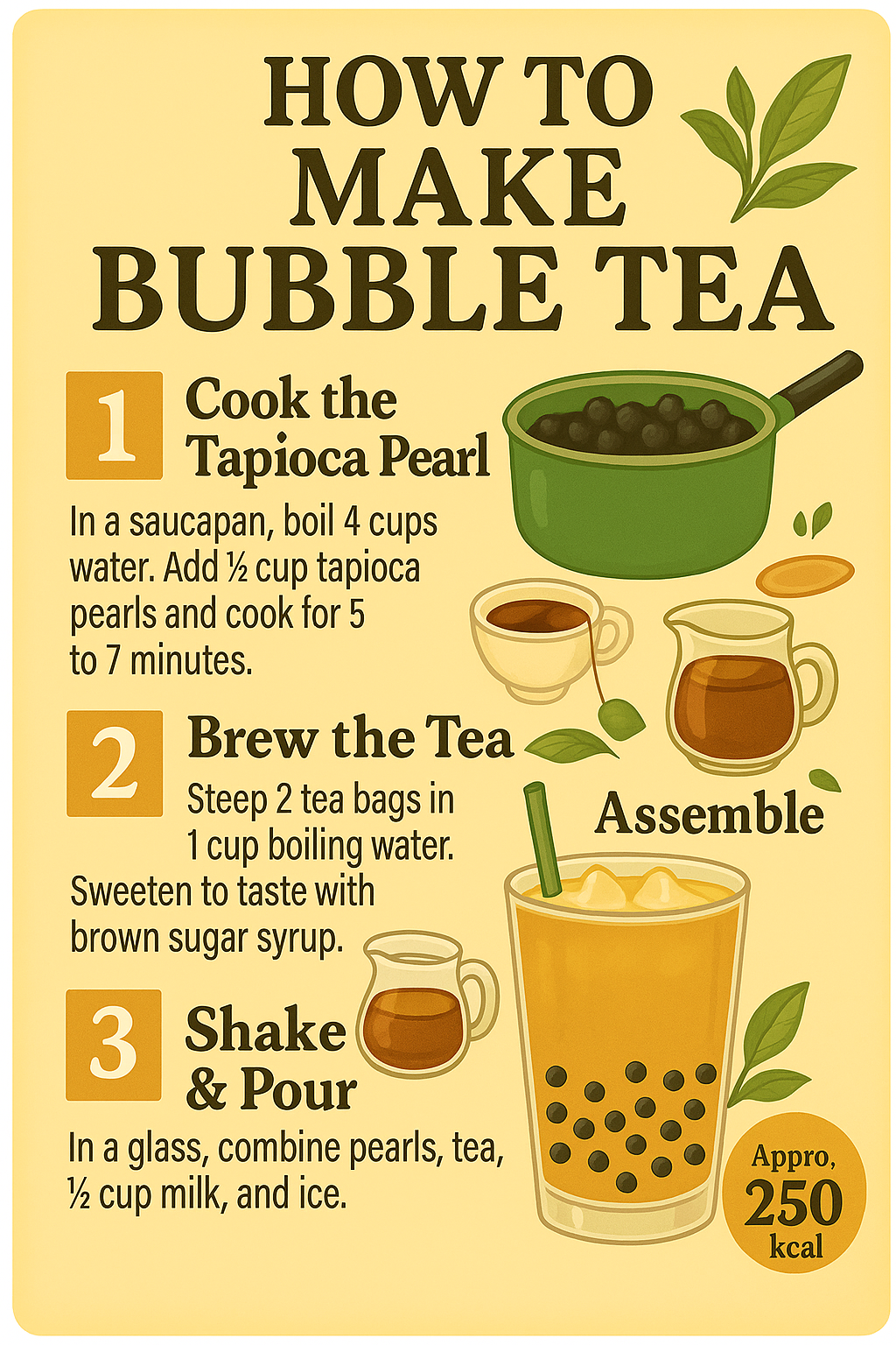 Step-by-step illustrated guide showing how to make bubble tea at home. Includes a saucepan of black tapioca pearls, a teacup, a glass of milk tea with pearls, and text instructions for cooking, brewing, and shaking the drink. Warm beige background with leaf accents.