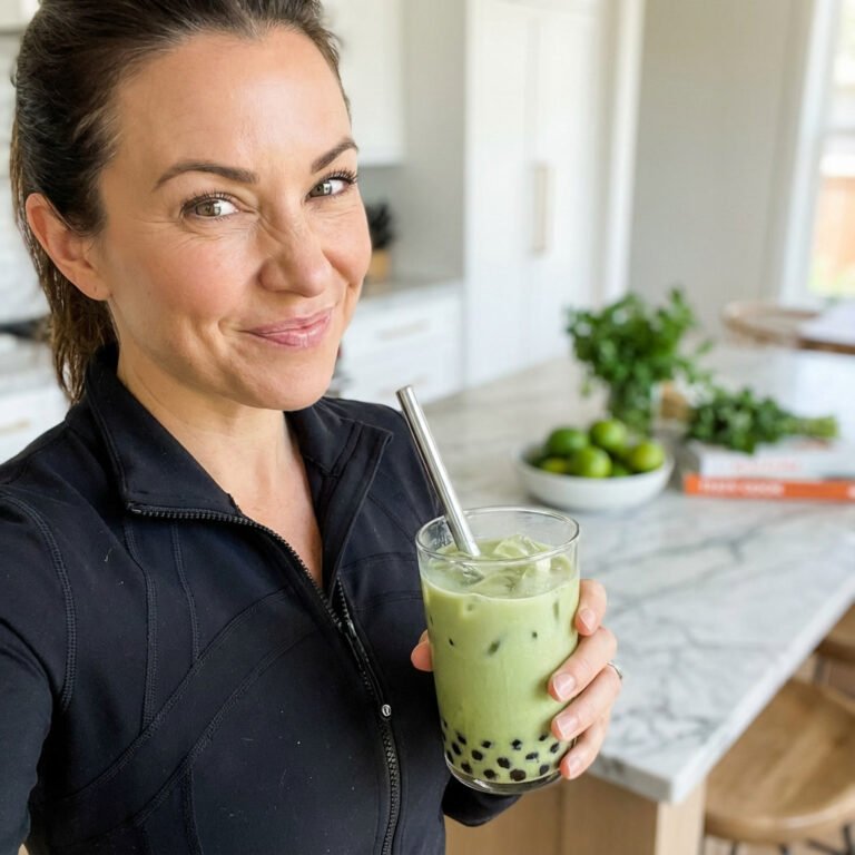 Close-up profile headshot of The Boba Club founder holding an iced matcha boba latte in a bright modern kitchen, wearing sleek black activewear with a confident, sassy expression.