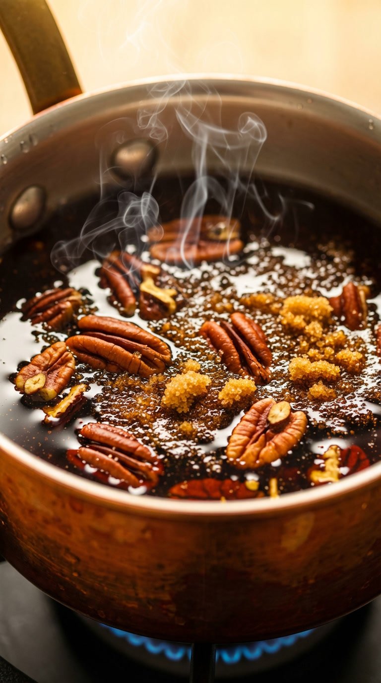 Extreme close-up of maple syrup and toasted pecans simmering in a small saucepan on a hob.