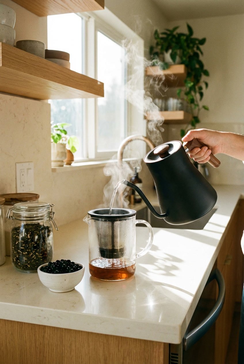 Matte black electric gooseneck kettle pouring hot water into a tea maker, styled with tapioca pearls.