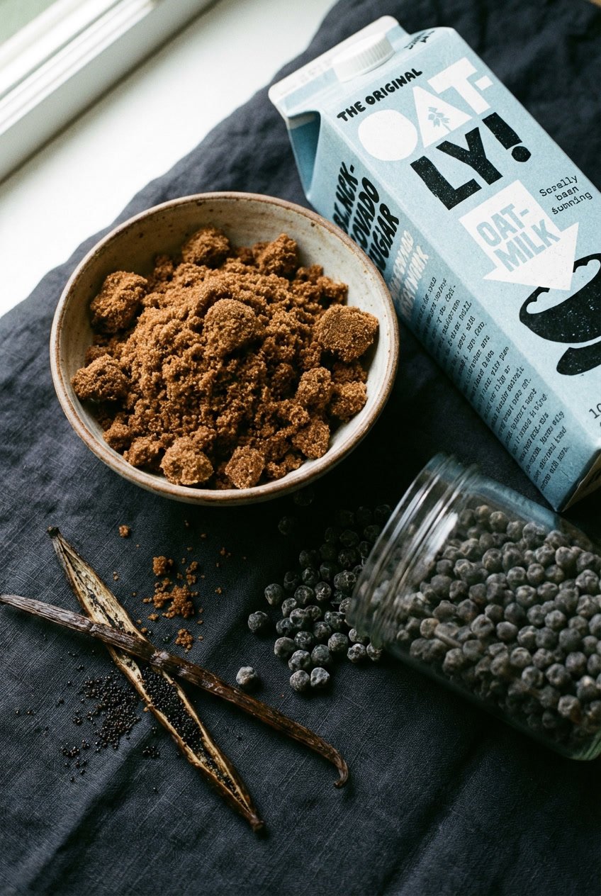 Rustic bowl of dark muscovado sugar and oat milk carton on a wooden surfac
