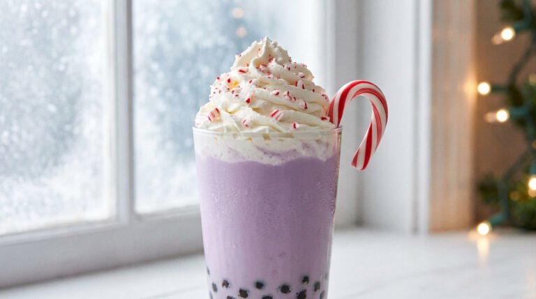Purple taro milk tea topped with whipped cream and a red and white candy cane garnish.