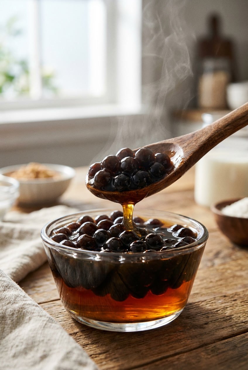 Glossy black tapioca pearls being stirred in a bowl of syrup with a wooden spoon.