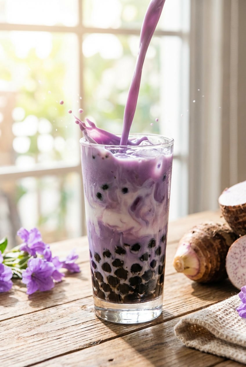 Action shot of creamy purple taro milk being poured over black boba pearls in a clear glass.
