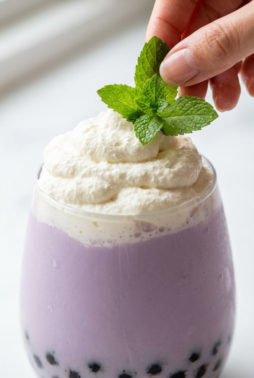 Close-up of whipped cream and fresh mint being added to a purple taro bubble tea.