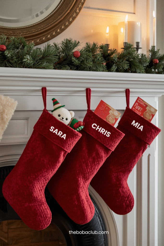 Red Christmas stockings hanging on a white mantel filled with small boba-themed gifts and plush toys — cozy holiday scene from The Boba Club.