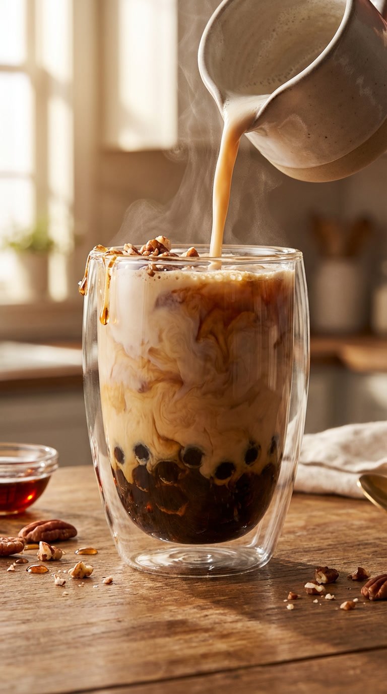 "Hyper-realistic, high-detail lifestyle photography. A steaming mug of the Salted Maple Pecan Boba Latte sitting on a wooden windowsill next to a half-knitted wool blanket and a pair of spectacles. The background shows a soft, blurred urban view (suggesting NYC/brownstone apartment). Warm, inviting natural light, shallow depth of field. Vertical (2:3 aspect ratio)."