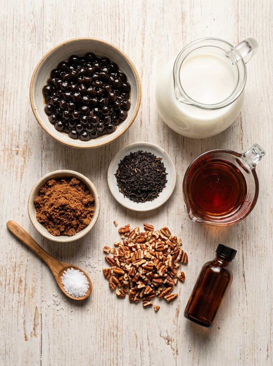 Overhead flatlay of all ingredients for a salted maple pecan boba latte: tapioca pearls, milk, tea, maple syrup, brown sugar, pecans, and salt.