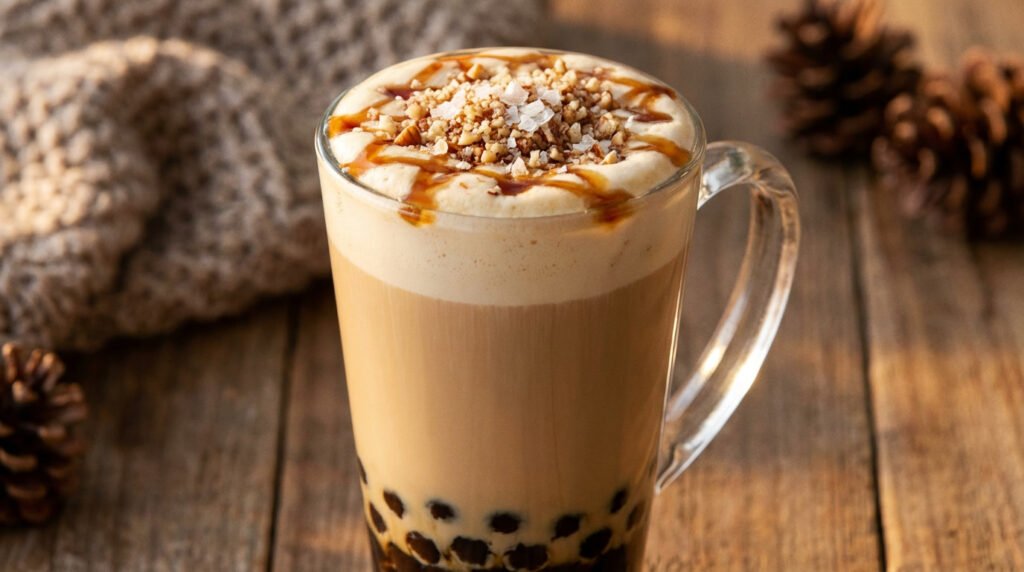 Close-up of a Salted Maple Pecan Boba Latte in a tall glass, with boba, layers of tea and milk, and topped with foam, maple drizzle, and pecans.