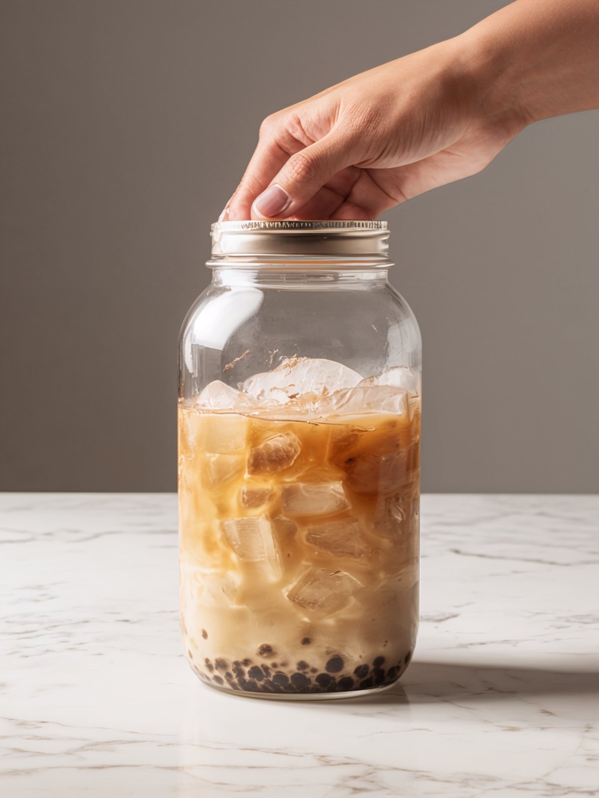 Hand shaking mason jar filled with milk tea and ice in modern bright kitchen.