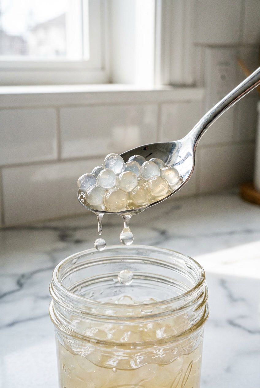 A silver spoon lifting translucent crystal boba pearls from a jar against a bright background.