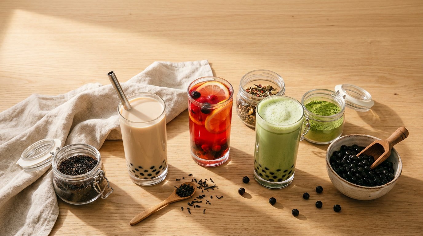 Wide shot of bubble tea drinks and rustic ingredients on a warm wooden table with linen textures.