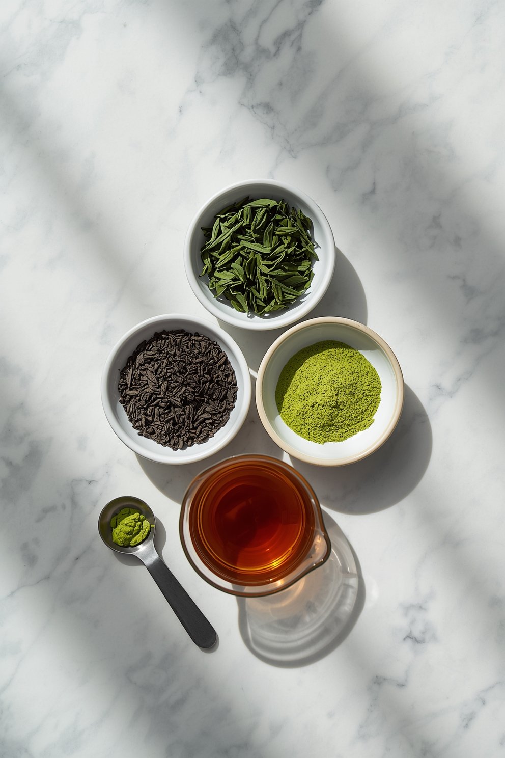 Flat lay of black tea leaves, green tea leaves, matcha powder, and brewed tea showing caffeine bases.