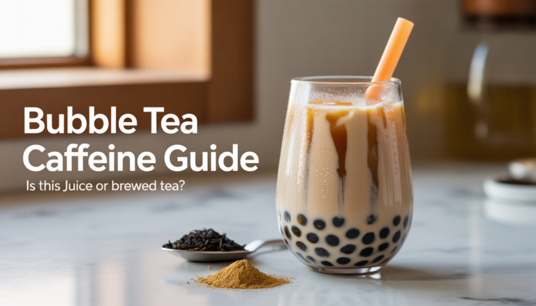 Bubble tea caffeine guide cover image with milk tea, tapioca pearls, tea leaves, and matcha with the text “Is this juice or brewed tea?”