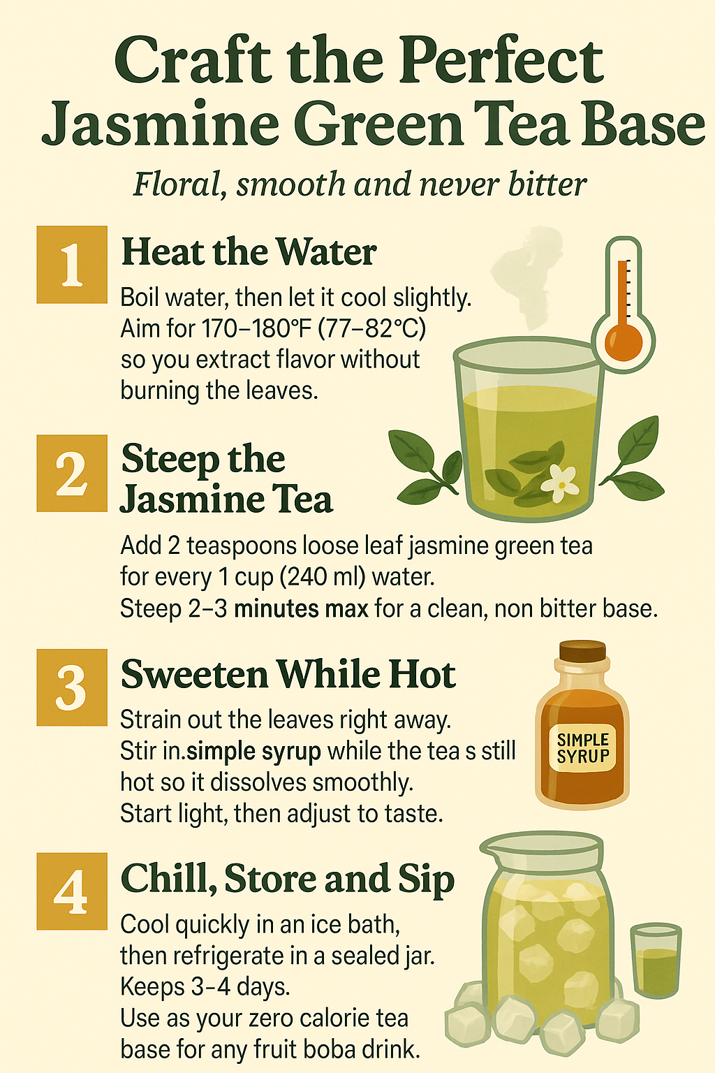 An illustrated infographic titled 'Craft the Perfect Jasmine Green Tea Base' showing four steps: Heat Water to 175°F, Steep for 3 Minutes, Strain Out Leaves, and Shock Cool Rapidly.