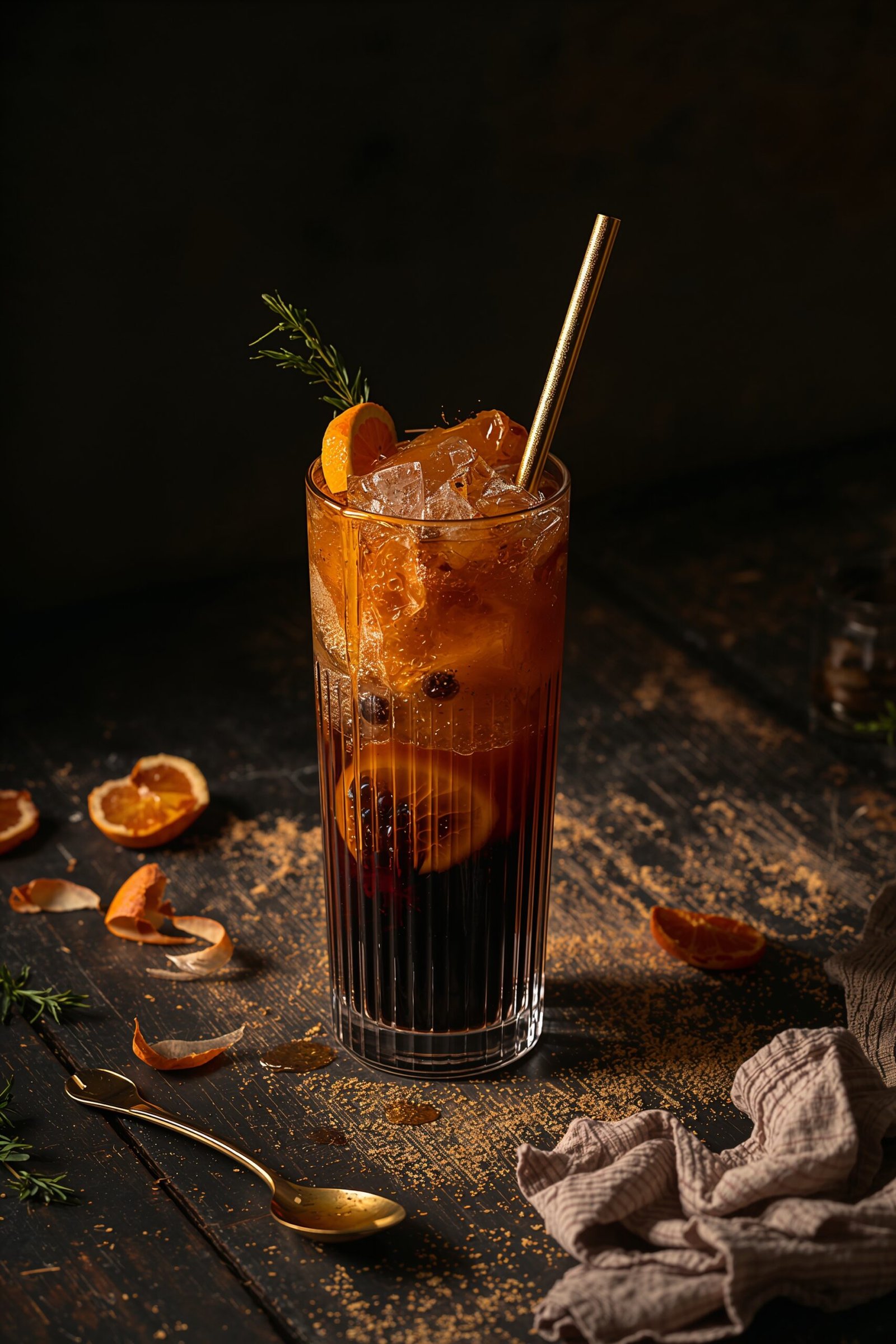 Moody vertical shot of Honey Citrus Jasmine Bubble Tea in a vintage ribbed glass with a gold straw, rosemary garnish, and orange peels on a dark wooden table.