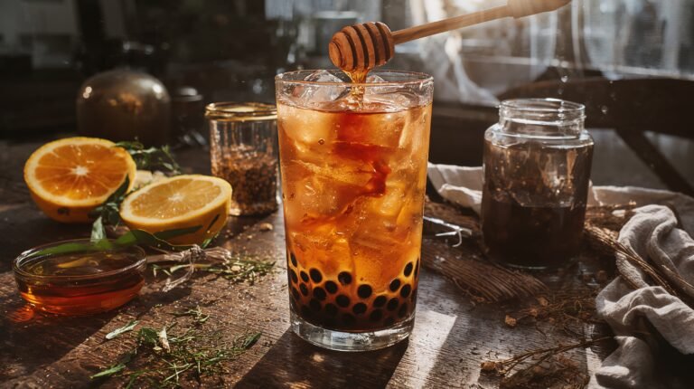 A tall, backlit glass of amber-colored Honey Citrus Jasmine Bubble Tea on a rustic wooden table. A wooden dipper is dripping honey into the glass, surrounded by fresh orange slices, lemon, and loose jasmine tea leaves.